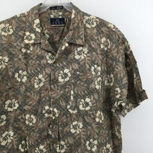 Enro‎ Traditions Shirt Mens XL Brown Floral Tropical Cotton Waffle Short Sleeve